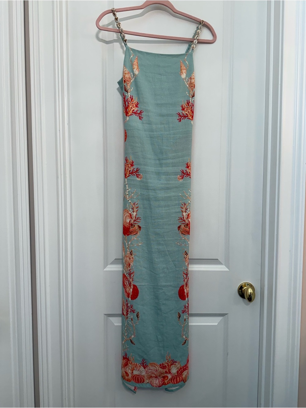 Caroline Constas Seafoam Green Maxi Skirt with Coral Shells